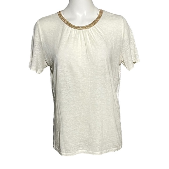 MAJE Tellor Embellished Linen T-Shirt Top Ivory/Cream Gold Trim Size 2 (Medium) - Picture 9 of 9